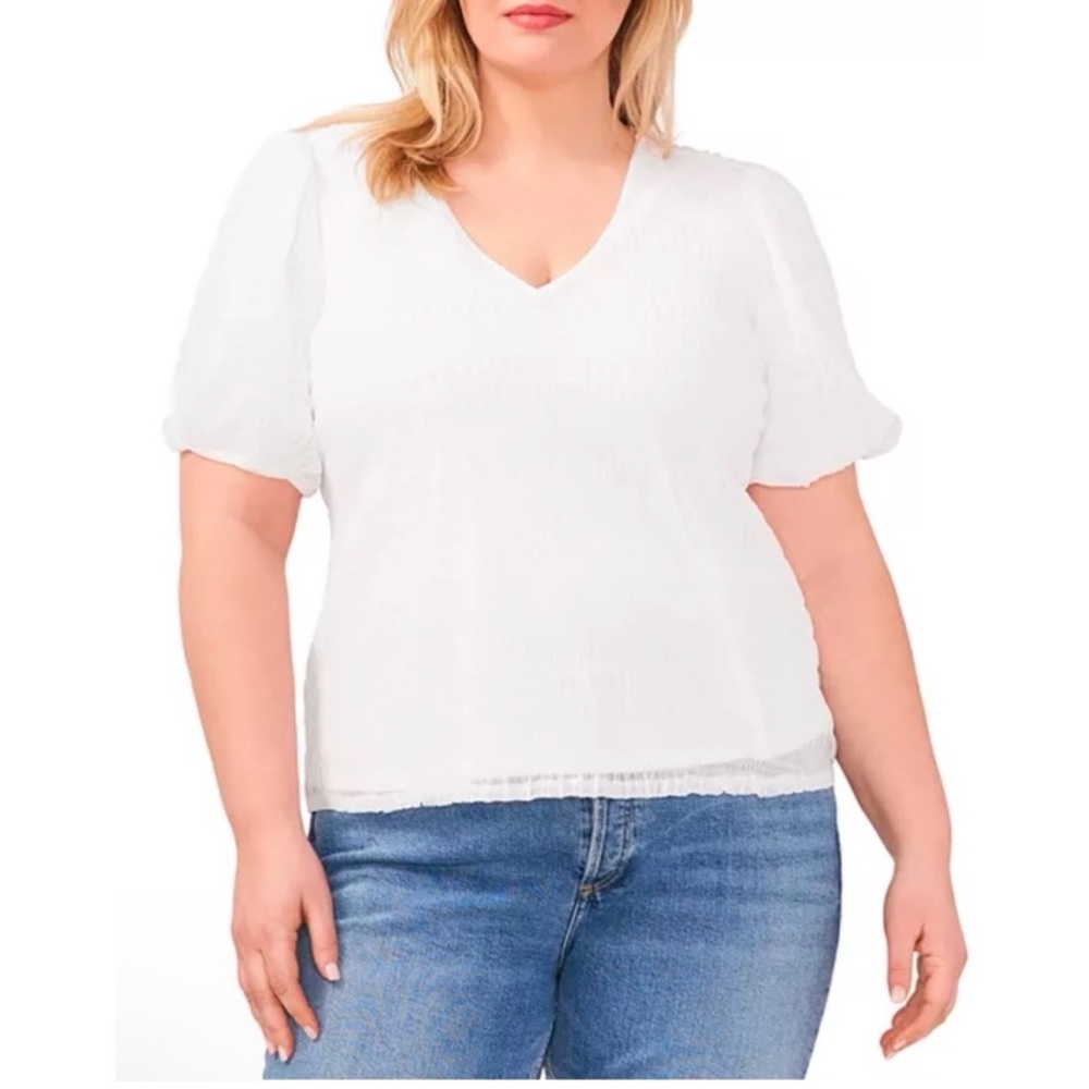 Vince Camuto White V-Neck Puff Sleeve Blouse